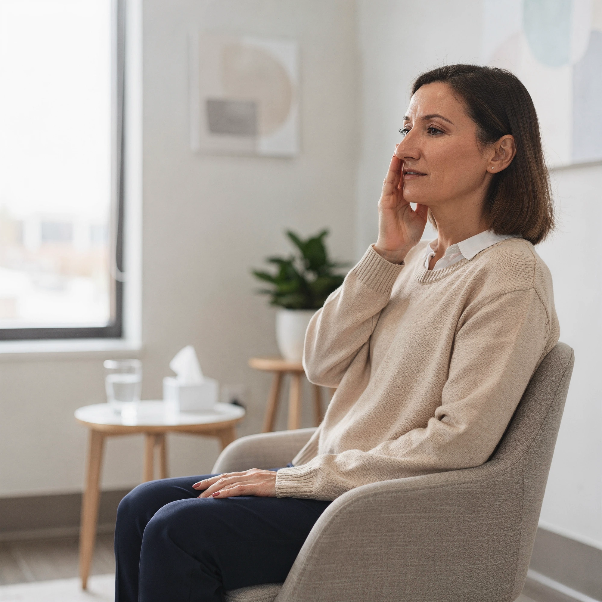 Woman touching her cheek while sitting in a modern medical office waiting area